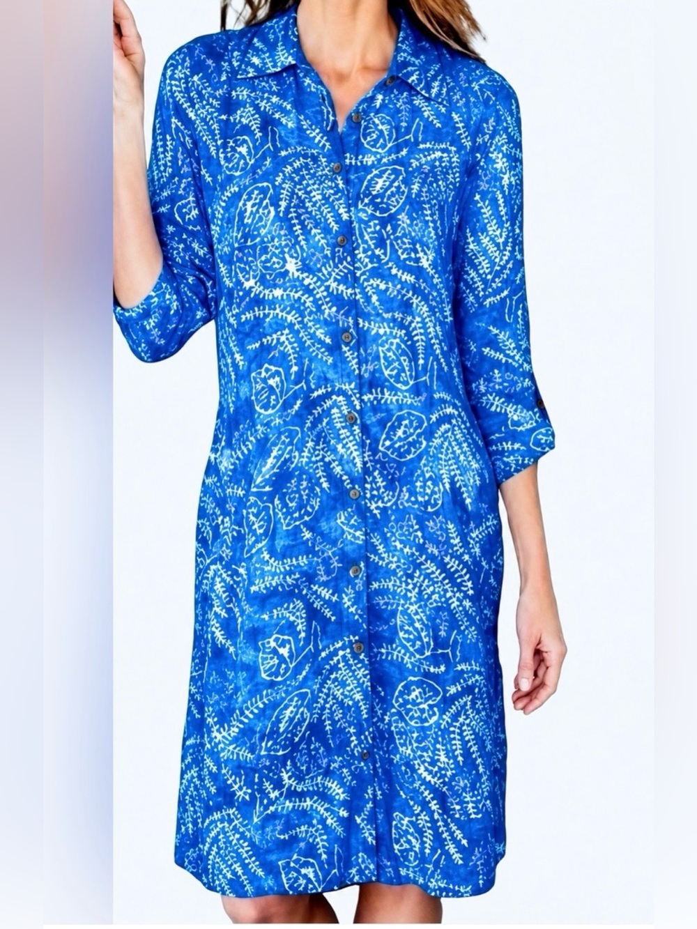 Soft Surroundings Women’s Printed Shirt Dress With Pockets Blue White Button